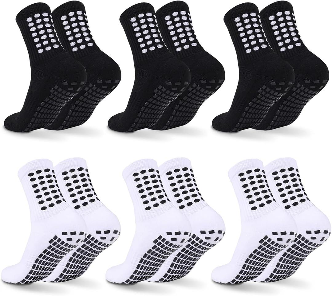 6 Pairs Grip Soccer Socks Colorful Non Slip Sports Football Basketball Hospital Yoga Socks for Men Women (One Size, 3pairs Black+3pairs White)