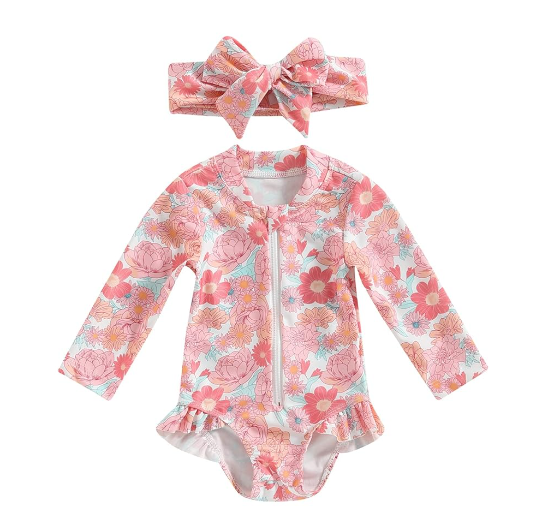 Infant Toddler Baby Girl One-Piece Swimsuit Floral/Flamingo Print Zipper Long Sleeve Ruffled Swimwear Bathing Suit