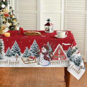 Horaldaily Christmas Tablecloth 60x84 Inch, Winter Snowman House Christmas Trees Red Washable Table Cover for Party Picnic Dinner Decor