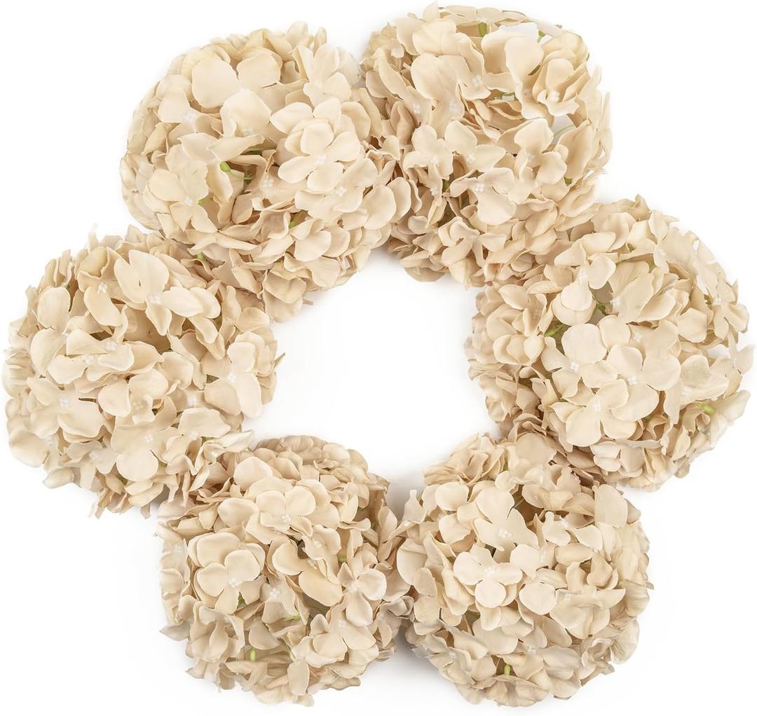 DuHouse 8.7" Silk Hydrangea Flower Heads with Stems Fake Hydrangeas Flowers for DIY Wedding Centerpiece Home Decor, Pack of 6(Sand)