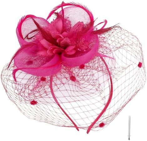 Women Fascinator Hats 20S 50S 80S Tea Party Wedding Cocktail Pillbox Hat Mesh Flower Feathers with Hair Clip (Pink)