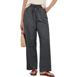 GRAPENT Striped Pants for Women High Waisted Wide Leg Cotton Linen Trendy Beach Pull on Elastic Waist Casual Flowy Pants (Small, Black White Stripe)