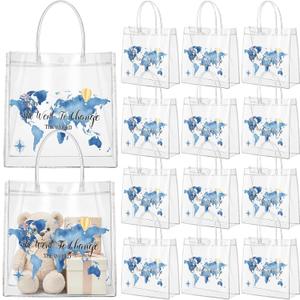 Shinylin 24 Pcs Blue Graduation Plastic Gift Bags with Handles PVC Reusable Treat Bags Goody Candy Snack Treat Gift Tote Bag for Graduation Party Favor