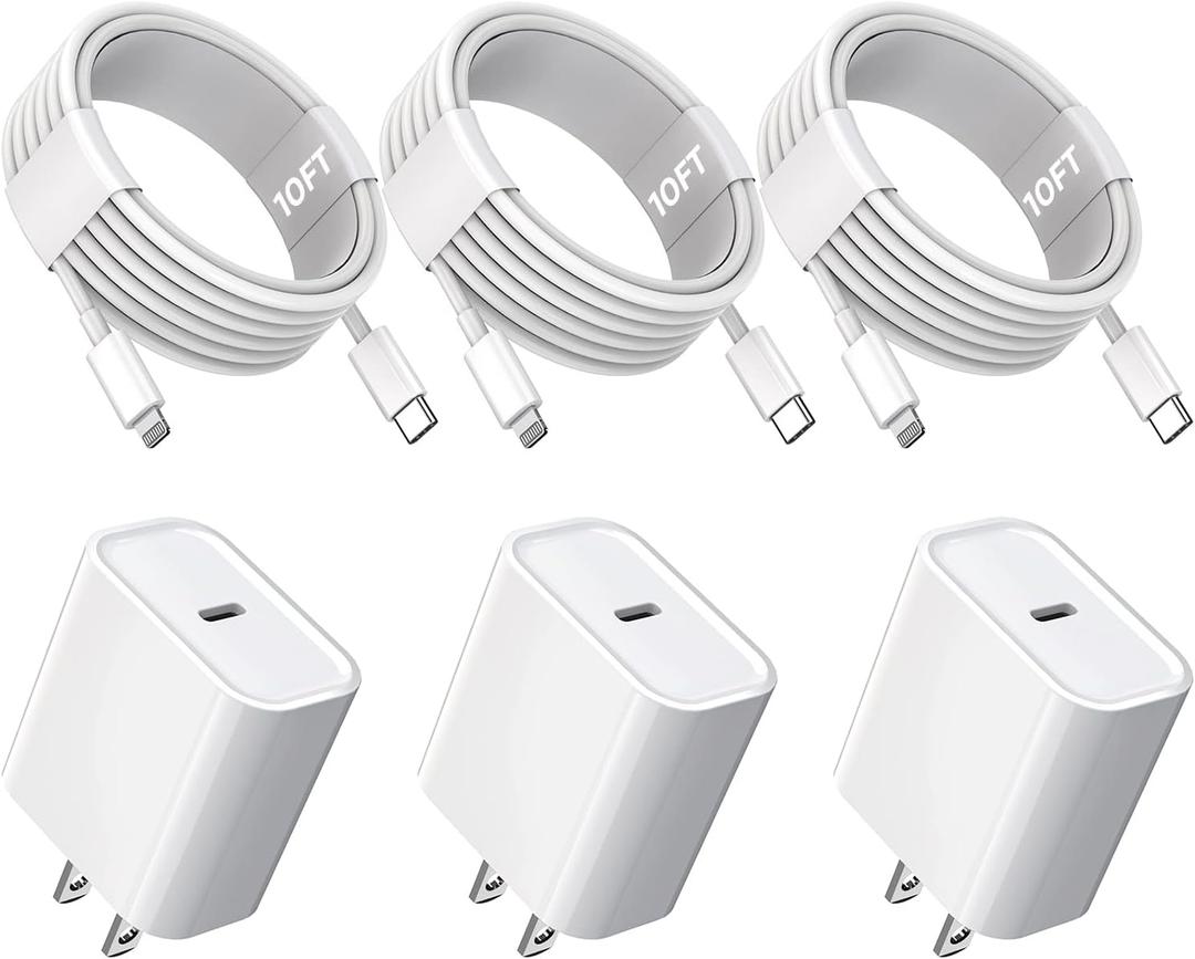 10FT iPhone Fast Charger,3Pack Extra Long[Apple MFi Certified]iPhone Charger Fast Charging Quick 10Foot USB C to Lightning Cable Cord Adapter Block for iPhone 14 Pro Max/14 Plus/13/12Mini/11/XS/X/iPad