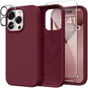 GONEZ Magnetic for iPhone 15 Pro Case, [Compatible with MagSafe] Anti-Scratch Microfiber Lining & Screen Protector, Shockproof Slim Phone Silicone Cover 6.1 inch, Maroon