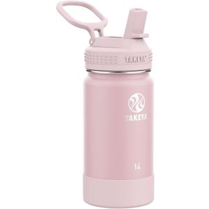 Takeya Actives Kids Water Bottle 14 oz Stainless Steel Double Wall Insulation BPA-Free Leakproof Straw Lid Easy Carry Handle Reusable Ideal for Boys and Girls, School, Sports - Blush