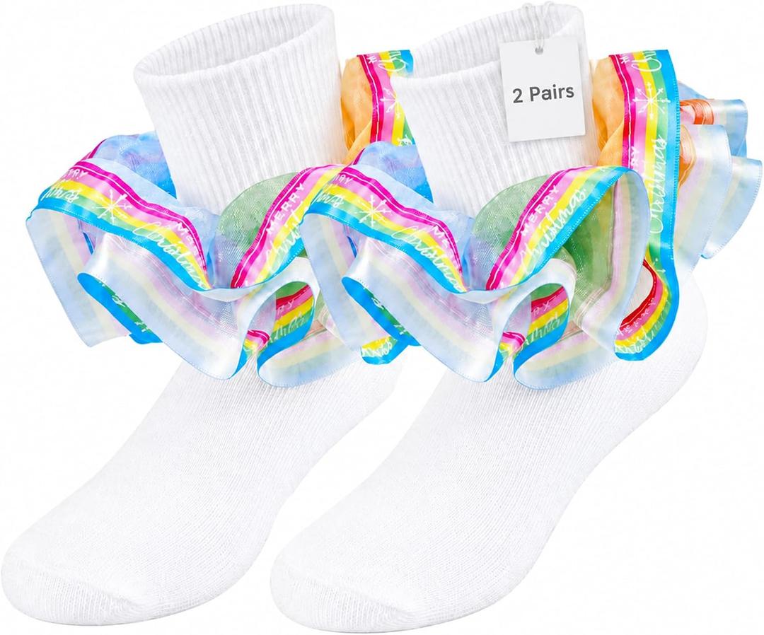 LSULIBYB Girls Christmas Rainbow Ruffle Socks, Cotton Ankle Socks with Snowflake Pattern, Double Lace Frilly Turn Cuff, 1-10T (US, Age, 6 Years, 8 Years, 2 Pairs/ Rainbow Snowflake)