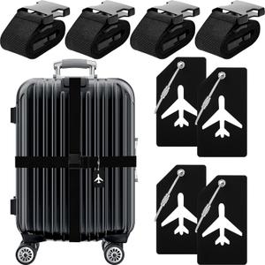 Weewooday 8 Pcs Luggage Straps Suitcase Tags Set for TSA Approved, 4 Travel Adjustable Suitcase Belt, 4 Silicone Luggage Tags with Name ID Card Travel Accessories(Black,Airplane)