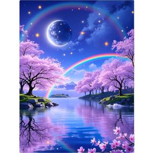 PINFFSHU 5D Diamond Painting Kits for Adults - Fantasy Starry Sky, Pink Cherry Blossoms & Magical Moonlit Rainbows DIY Full Drill Art, Sparkling Enchanted Landscape Wall Decor 12x16 Inches (30x40cm)