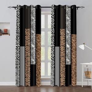 Wild Animals Print Curtain, Leopard Print Cow Cheetah Zebra Giraffe Fur Abstract Safari Theme Blackout Curtains, Rustic Black White Gray Window Drapes for Living Room Bedroom Kitchen 42x84in, Brown Black Gray