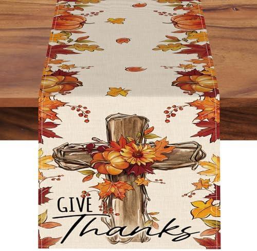 Croar Thanksgiving Christian Cross Dining Table Runner, Religious Fall Give Thanks Pumpkin Maple Leaves Burlap Kitchen Decoration, Autumn Farmhouse Indoor Outdoor Home Decor Party Supply 13 x 72 in