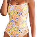 Womens One Piece Swimsuit Tummy Control Modest Bathing Suit Teen Girls Swim Suit Cute Floral Swimwear (Large, Orange Print Swimsuit)