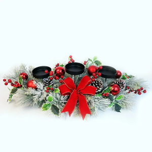 28'' Christmas Triple Candelabrum Centerpiece, Christmas Centerpiece Decorations with Snowy Pine Cones Bow Holly for Dining Table Fireplace Mantel Holiday Party