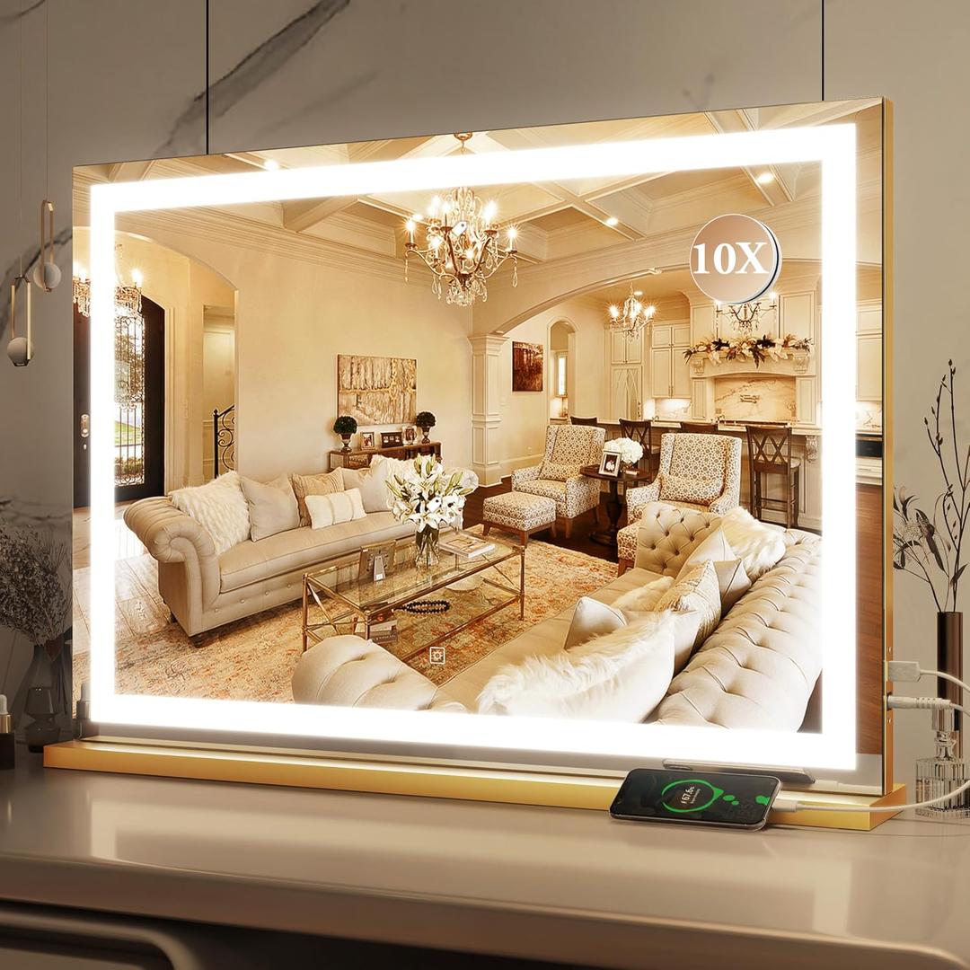 ROLOVE Vanity Mirror with Lights, 32" x 22" Large Lighted Vanity Mirror with Dimmable 3 Modes, LED Makeup Mirror, 10X Magnification, USB Charging Port, Tabletop or Wall-Mounted Square Gold