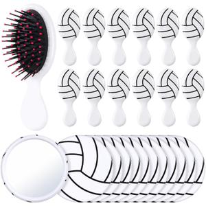SiliFine 24 Pcs Volleyball Gifts for Team Bulk Include 12 Volleyball Air Cushion Hair Brush and 12 2.76 Inch Compact Mirror Round Makeup Mirror for Girl Player