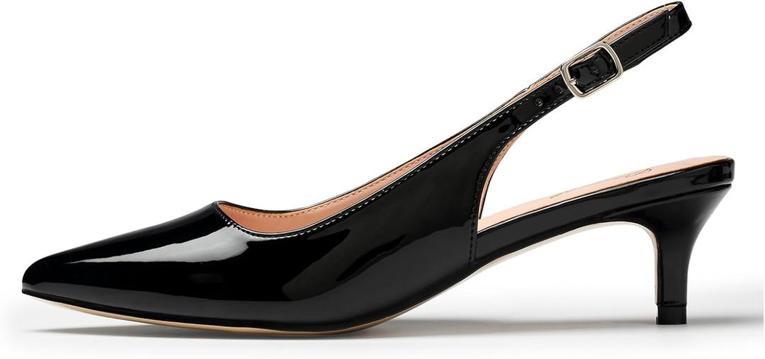 GENSHUO Low Kitten Heels Women's Slingback Dressy Pumps Pointed Closed Toe Ankle Strap Elegant Wedding Pumps Formal Comfortable Shoes (7, Patent Black a)