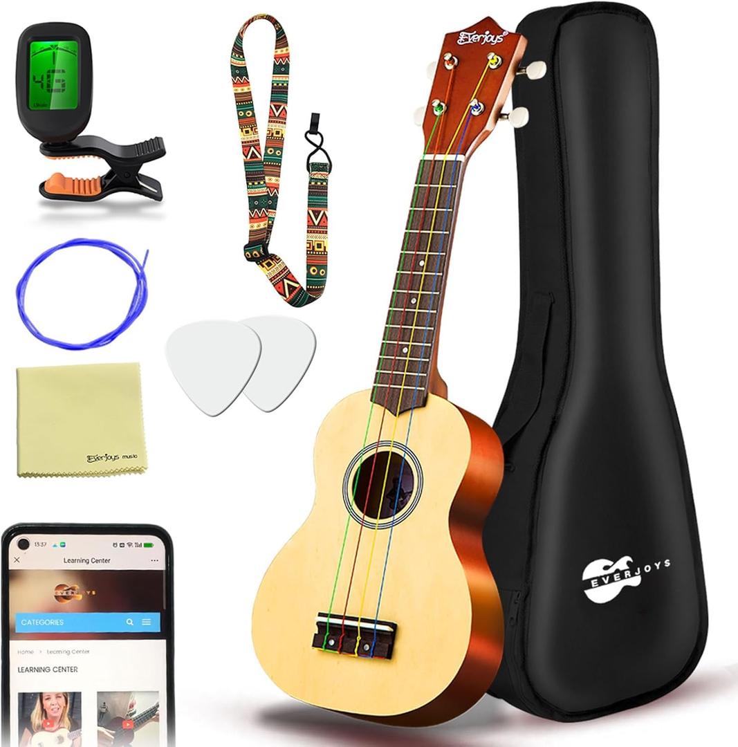 Everjoys Soprano Ukulele Beginner Pack-21 Inch w/Free Online Lesson Gig Bag Digital Tuner Pick All in One Kit (Rainbow String)