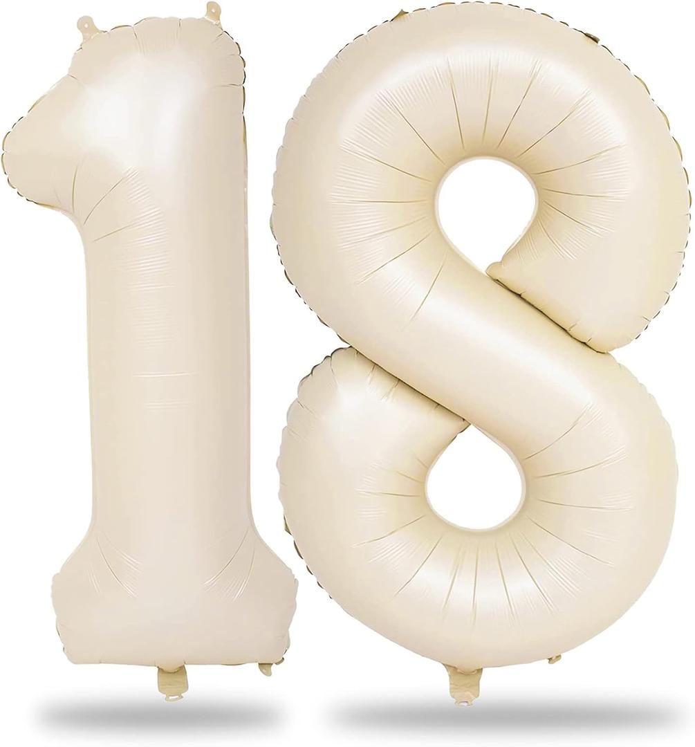 Beige 18 Birthday Balloons Number, 40 Inch Large Cream Foil 1 & 8 Balloon Numbers for 18 Year Old Boys Girls, White Sand Boho 18th 81st Birthday Balloons for Women Men Anniversary Party Decorations