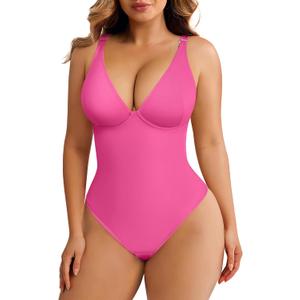 FeelinGirl Shapewear Bodysuits for Women Tummy Control Body Suits Deep V Neck Thong Body Shaper (Small, Pink)