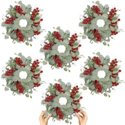 6 Pcs Christmas Artificial Christmas Eucalyptus 10 Inch Greenery Wreath for Front Door Cabinets Indoor Outdoor Wall Decor Christmas Wall Home Kitchen Porch Window Decoration
