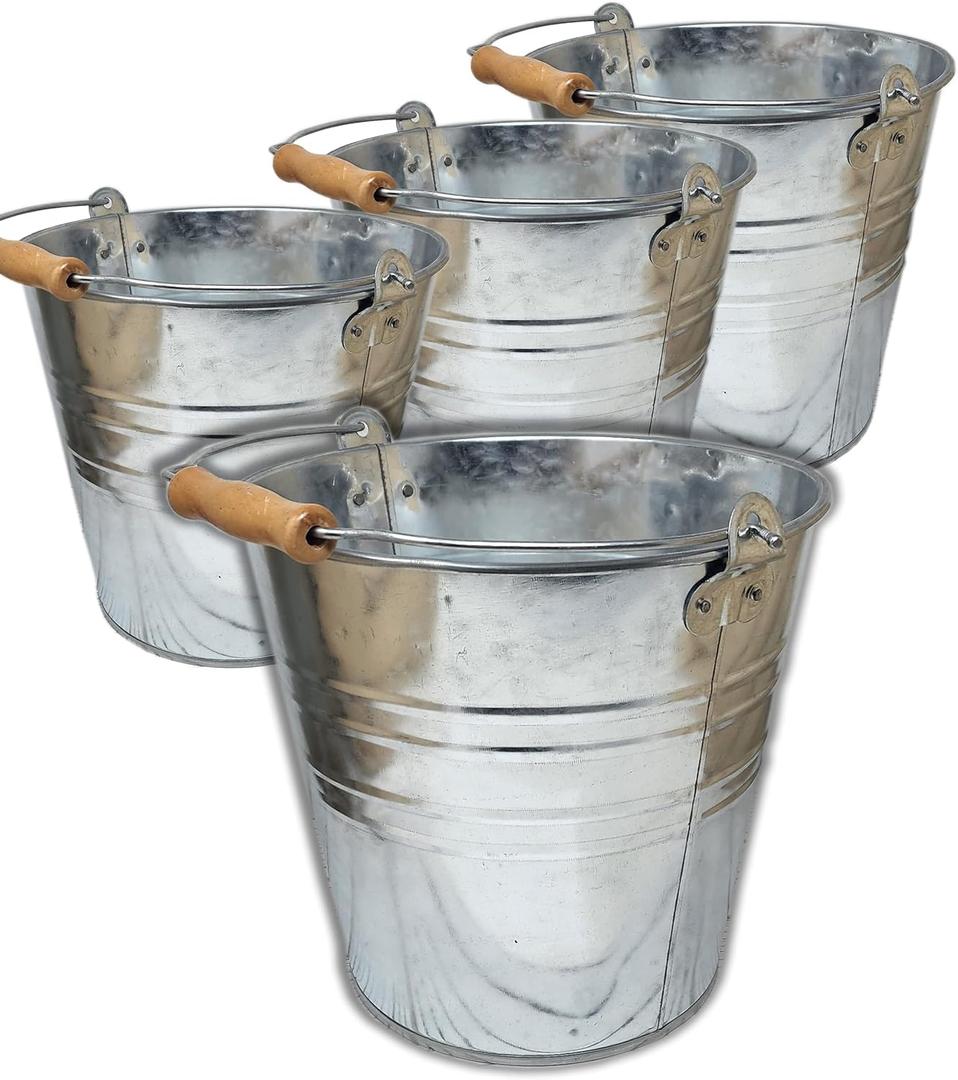 Large Metal Bucket 1.875 Gallon (4 Pack) Pail Tins Silver w/Wood Handle Retro Look for Planter or décor, Gifts Basket, Ice, Top 9.5 Height 8.5, Bottom 6.5 Inch