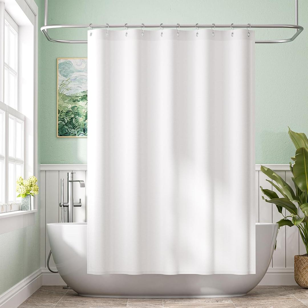 Amazer Small Stall Shower Curtain Liner Washable, 60 x 72 Inches, Fabric Shower Liner with 2 Bottom Stones, Narrow Waterproof RV Shower Curtain Liner, 10 Grommet Holes, Hotel Quality, White