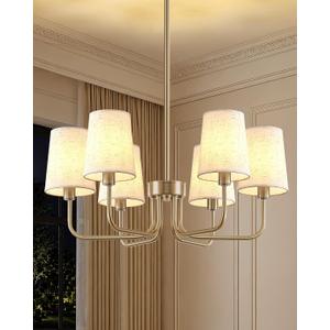 Yunnix 6-Light Champagne Bronze Chandelier, Champagne Chandelier with Linen Shades, No Assembly Required 25" Modern Dining Room Light Fixture for Living Room Kitchen Bedroom Foyer UL Certified
