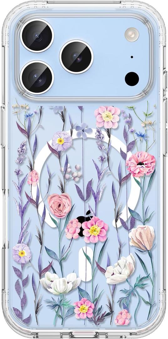 Jmltech Magnetic for iPhone 17 Pro Max Case Girly Aesthetic Clear Floral Flowers Compatible with MagSafe Wireless Slim Anti-Yellowing Shockproof Protective Phone Cases Pink