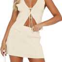 Women Sexy Knit Two Pieces Mini Skirts Set Sleeeveless V Neck Self Tie Slit Front Crop Vest Top Short Skirts Sets (Beige, S)