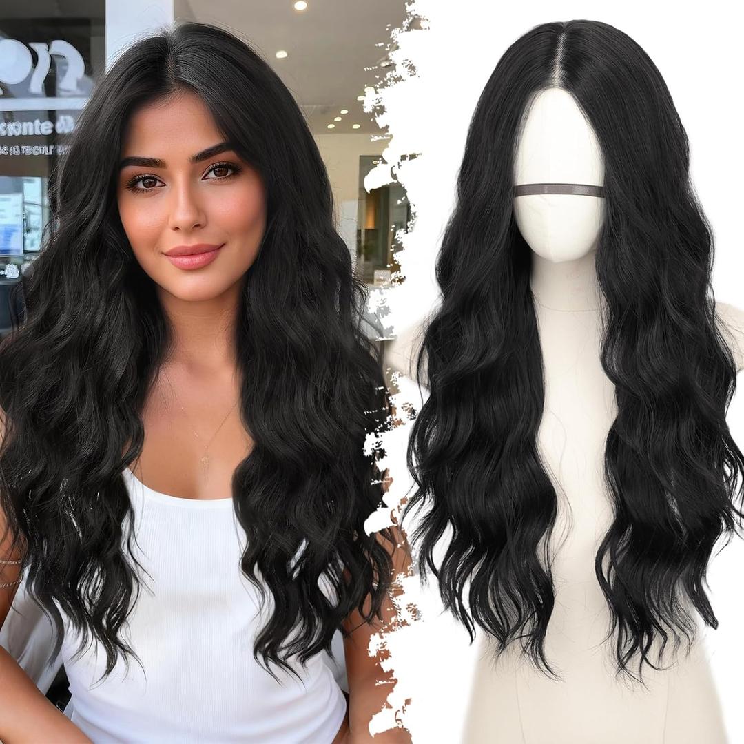 Black Long Wavy Wig for Women, Pre-Cut HD Lace Natural Hairline, Glueless Middle Part, Synthetic Fiber for Daily and Party Use 26Inch