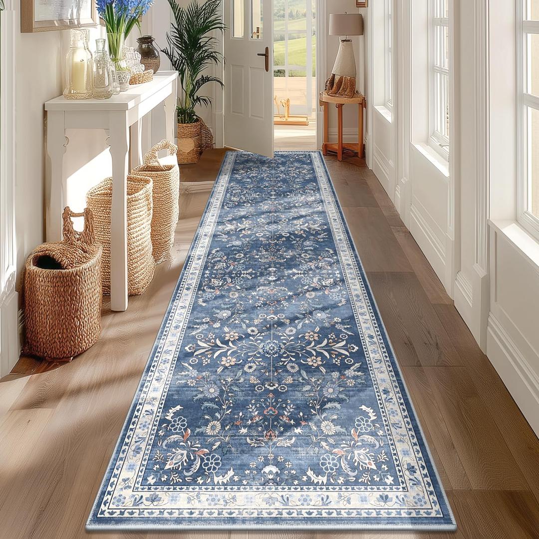 Yamaziot Washable Runner Rug 2x8 Non Slip Boho Floral Hallway Runner Rug with Rubber Backing, Low Pile Wool Distressed Carpet for Kitchen, Laundry, Bedroom, Entrance, Blue