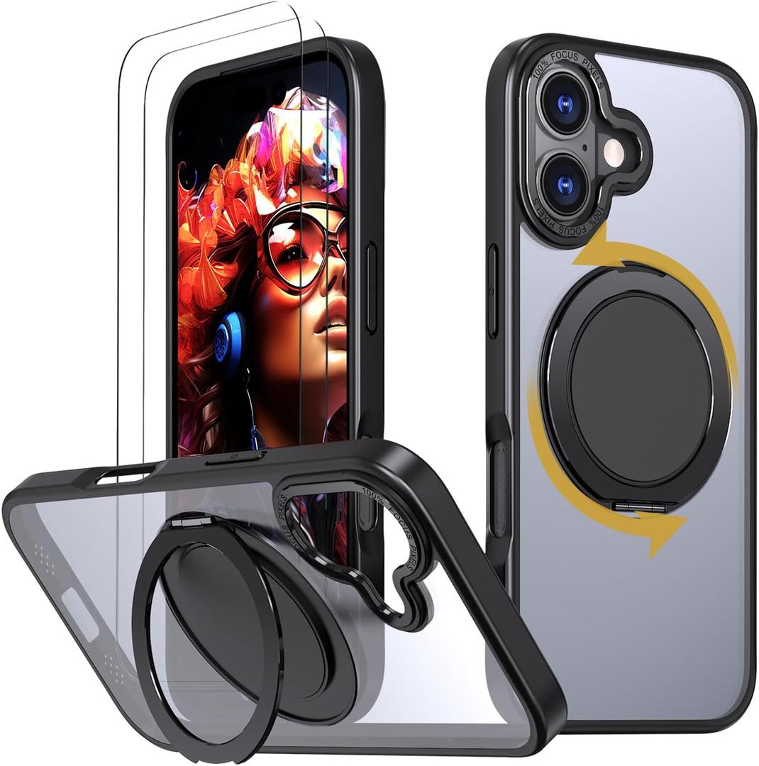 for iPhone 17 Case, with 2 Tempered Glass Film, 360 Spin Magnetic Stand, Compatible with Magsafe, Military-Grade Drop Protection Case, Black
