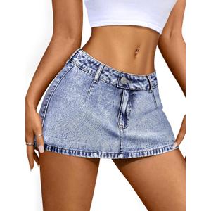 IWD Denim Mini Skirt for Women Low Waisted Jean Micro Skort with Shorts Stretch Casual Jean Skirt (X-Small, Medium Blue)