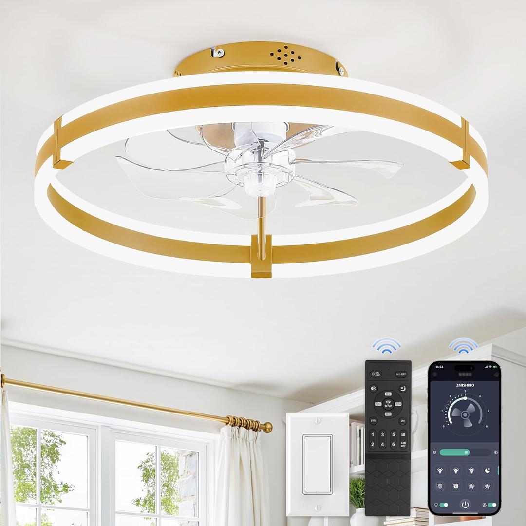 ZMISHIBO 24 Inch Ceiling Fans with Lights and Remote, Modern Low Profile Ceiling Fan, 3000-6000K Dimmable Flush Mount LED Fan Light, 6 Wind Speeds, Fandelier Ceiling Fans for Bedroom- Black