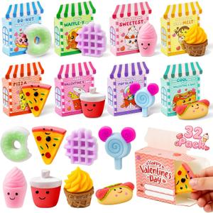 V-Opitos Valentines Day Cards for Kids School, 32 Packs Cute Dessert Squeeze Toys, Valentine Day Party Favors for Boys & Girls, Ideal Exchange Cards for Classroom