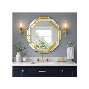 Bathroom Mirror Gold-28”X28” Wall Mirrors Decorative, Beveled Edge Frameless Mirror for Wall Bathroom, Vanity Room, Bedroom, Living Room and Enterway