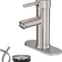 Brushed Nickel Bathroom Faucet, 1 Hole Bathroom Sink Faucet, Single Handle Aerator Spout Saving Water Lavatory Vanity Sink Faucet with Pop Up Drain and Overflow Mixer Tap Supply Line