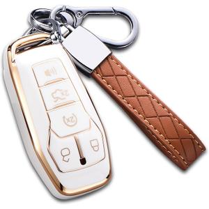 for Ford Key Fob Cover with Keychain, Premium Soft TPU Full Protection Key Fob Case for Ford Fusion Mustang F150 Edge Explorer Lincoln MKZ MKC MKX Smart Remote Key Protector (Size B-Ivory)