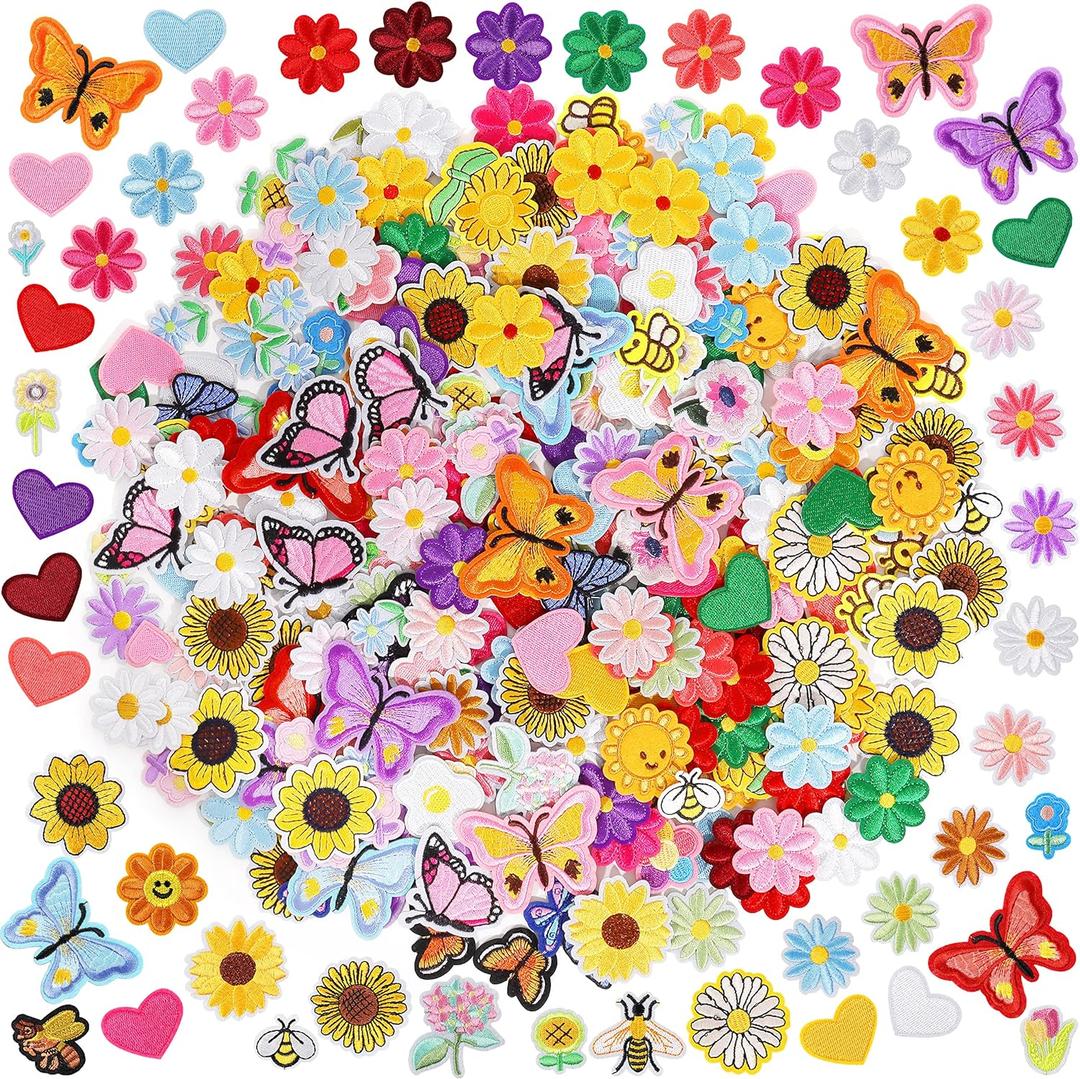 NICEVINYL Random Iron on Patches for Clothing: 120PCS Flower Heart Patch Iron on Cute Butterfly Embroidered Sew Applique Repair Patches for Jeans Jackets Backpacks (120PCS Random Flower Patches)
