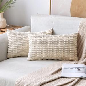 MIULEE Pack of 2 Corduroy Decorative Lumbar Throw Pillow Covers 20x12 Inch Soft Boho Striped Pillow Covers Modern Farmhouse Home Decor for Sofa Living Room Couch Bed Light Grey