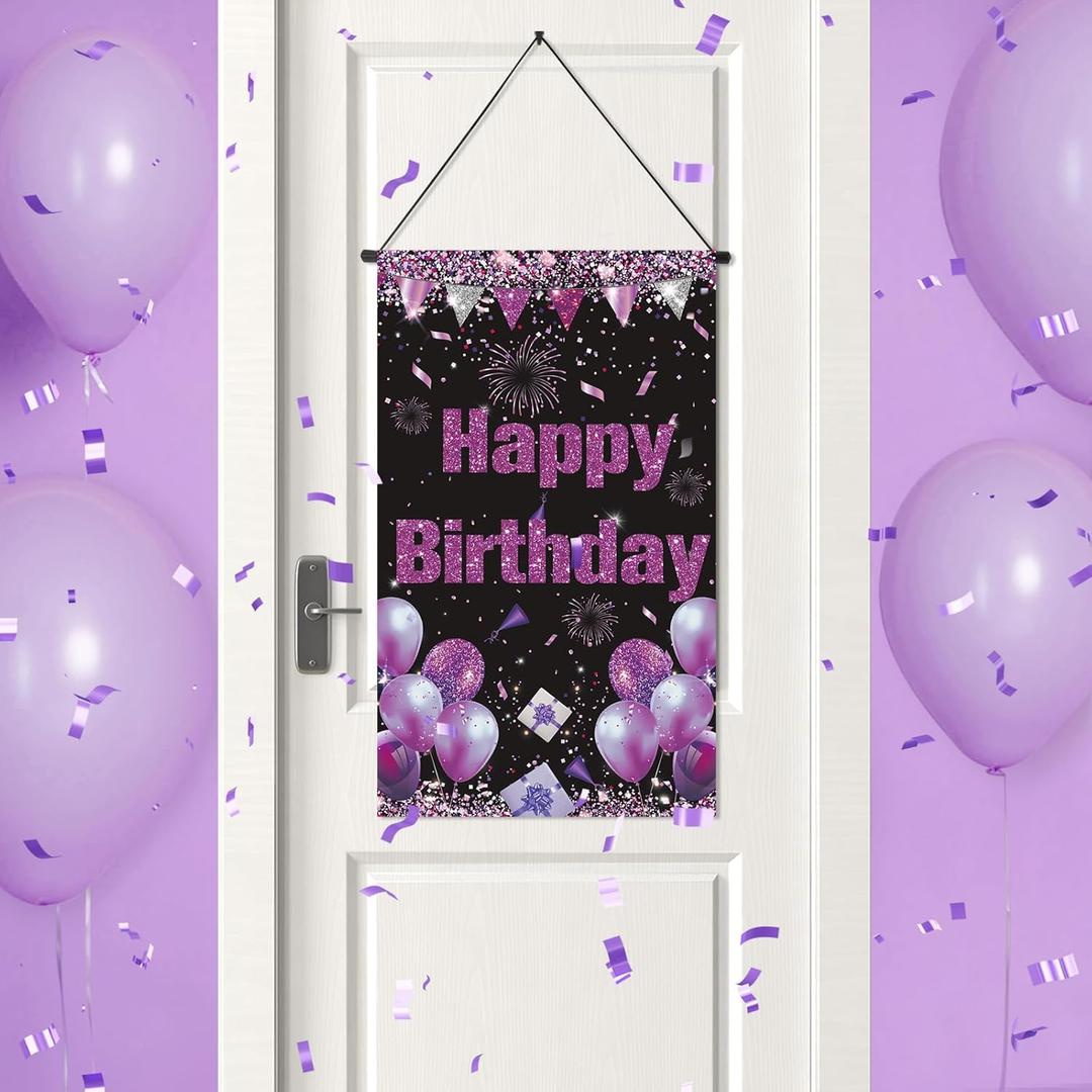 Purple & Black Birthday Door Sign - Banner & Hanger Decor for Women & Girls' Front Door