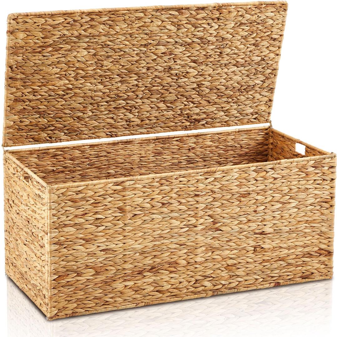 Wonderjune 42 x 20 x 18.5'' Water Hyacinth Wicker Storage Trunk with Metal Frame, Heavy Duty Storage Chest with Lid Large Rattan Basket for Blankets, Seasonal Clothes, Extra Bedding (Natural,Flat Lid)