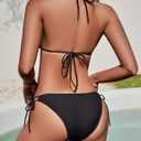 Zonsaoja Women String Bikini Set Halter Side Tie Two Piece Swimsuit Triangle Bathing Suits (Black, S)