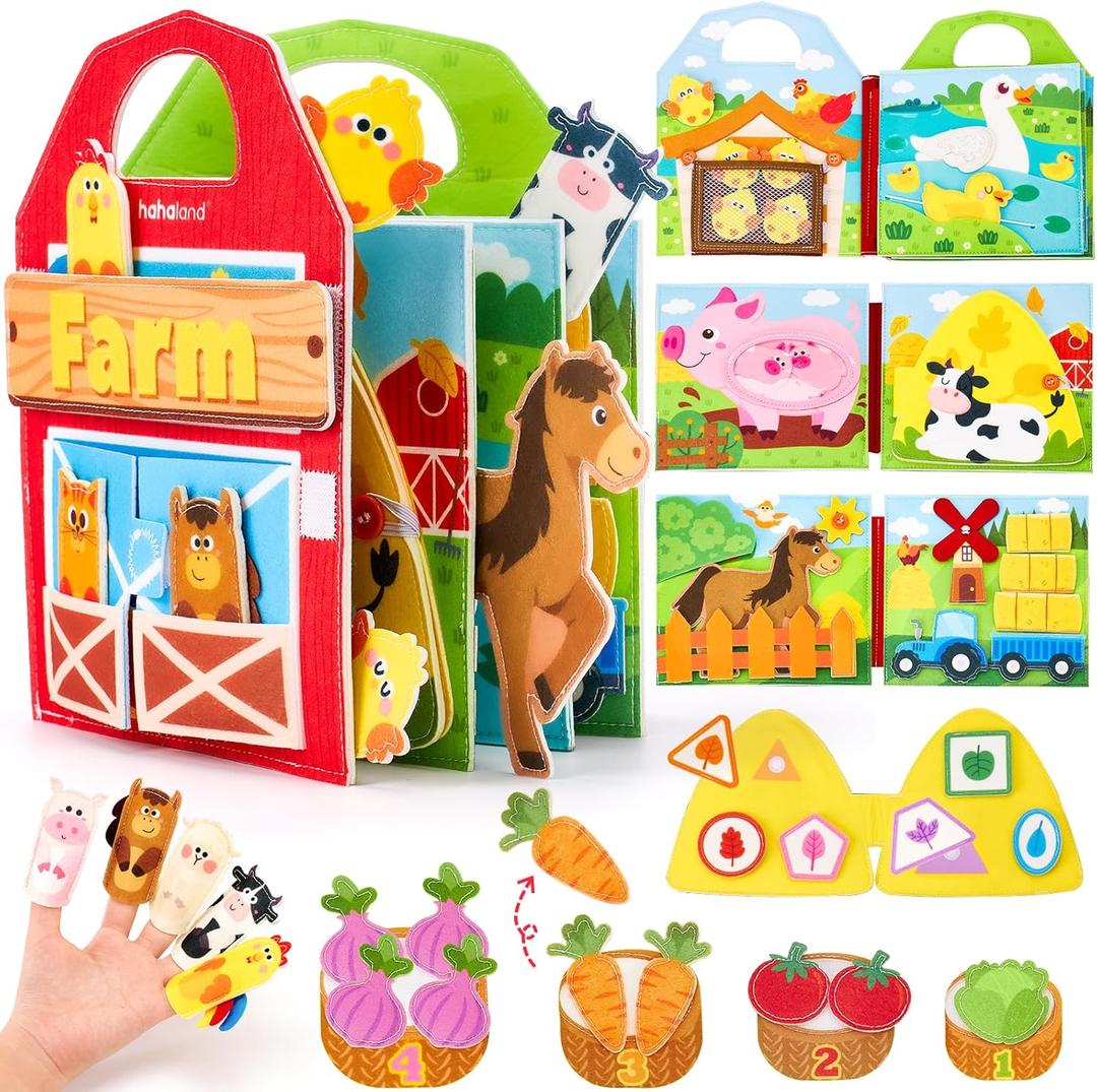 hahaland Busy Book for Toddlers 1-3 - Farm Animals Quiet Busy Board for 1 Year Old, Montessori Toys for 1 Year Old Boy Girl Gifts, Educational First Activity Books Felt Board Toddler Travel Toys