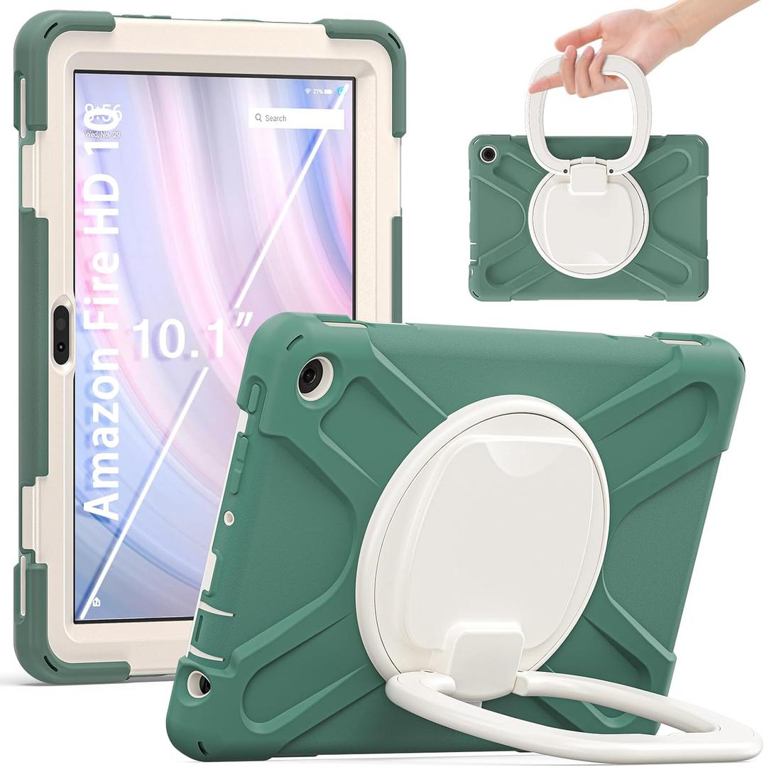 Lunivop Case Compatible with Amazon Fire HD 10 Tablet Case (13th Gen 2023 Release) 10.1 Inch 360 Rotating Stand/Shoulder Strap with Built-in Screen Protector Heavy Duty Cover Green