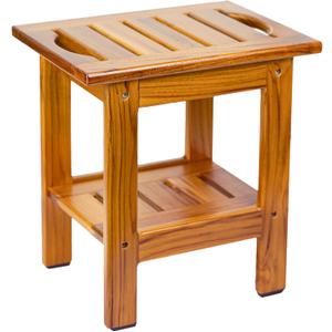 Utoplike Teak Shower Stool, Compact Shower Bench with Shelf & Handle, Foot Rest for Shaving Legs, 2-Tier Small Wooden Bath Seat with Non-Slip Feet for Bathroom, Bathtub, or Outdoor Use