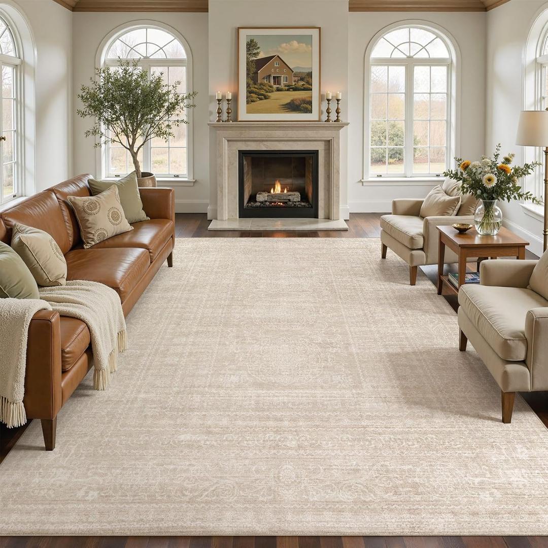 7x9 Area Rug Living Room: Washable Large Vintage Beige Rugs Neutral Non-Slip Soft Stain Resistant Indoor Carpet for Bedroom Nursery Dining Room Under Table Bed Home House Office Playroom