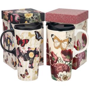 Topadorn Ceramic Coffee Mug Set of 2, 17 Oz Tea Cups with Handle and Lid for Latte, Tea, Cappuccino, Milk, Cocoa, Microwave&Dishwasher Safe, Flowers and Butterflies