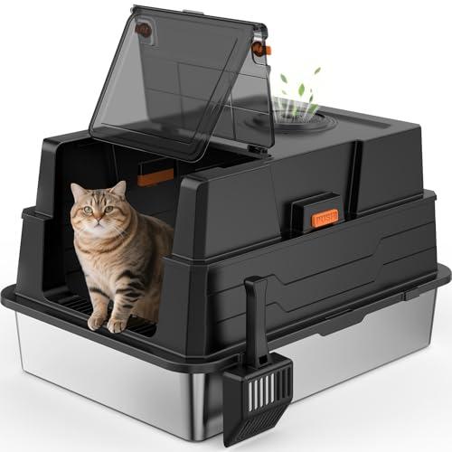 Extra Large Enclosed Stainless Steel Cat Litter Box with Lid - XXXL Giant Metal Enclosed High Sides Litter Boxes for Multi-Cat Households and Overweight Cats - Black
