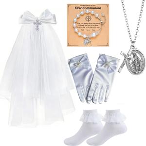 First Communion Veils Set 1st Communion White Bow and Cross Veil Headpiece Bracelet Gloves Sock Accessories